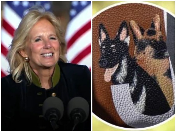 Jill Biden’s custom made bag features hand-painted portraits of her dogs